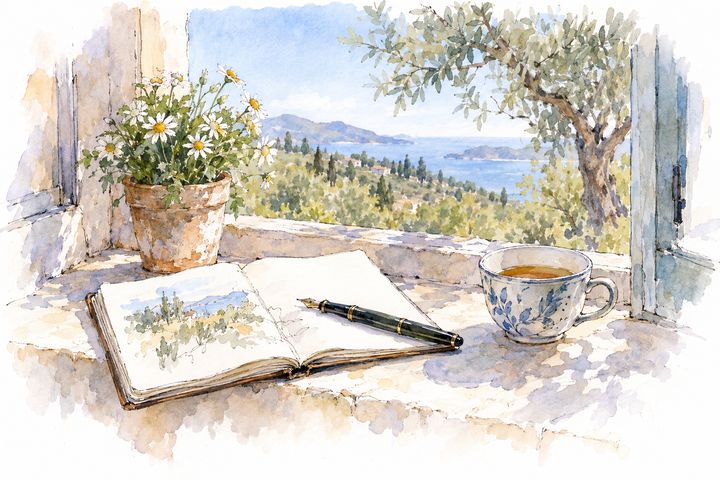 Watercolour sketch of an open notebook, a cup of tea and daisies on a sunny windowsill
