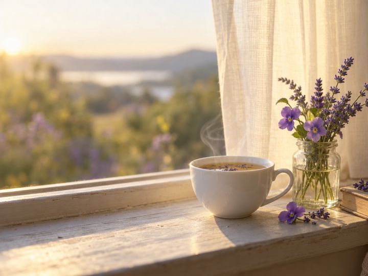 A cup of herbal tea and a little jar of violets and lavender on a sunny windowsill